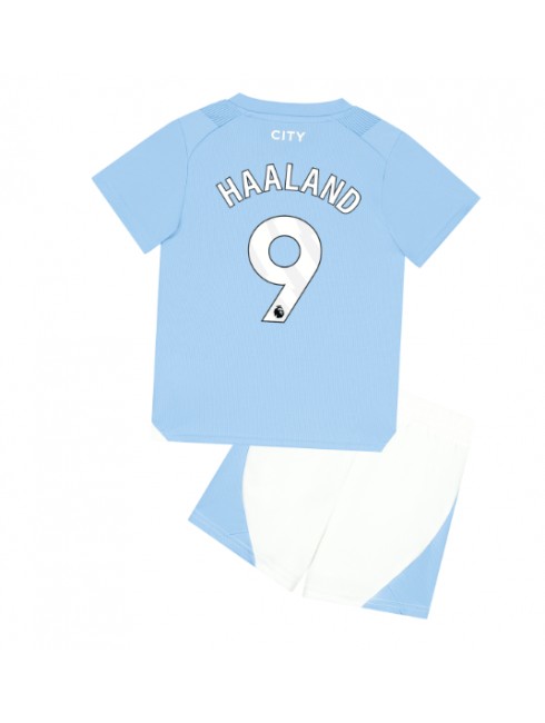 Billige Manchester City Erling Haaland #9 Hjemmedraktsett Barn 2023-24 Kortermet (+ Korte bukser)